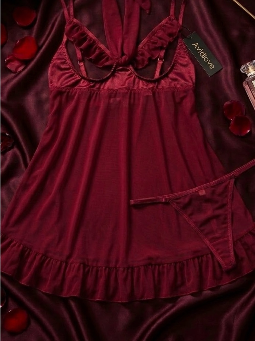 Avidlove Women's Satin Ruffle Chemise Set - Wine